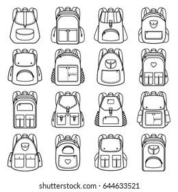 Bag Pack Linear Icons. Vector Line Backpacks For Travel And Hiking, Students And School