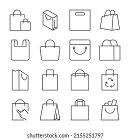 Bag, package icons set.  Shopping bags in different shapes, made of paper, plastic and fabric, linear icon collection. Line with editable stroke