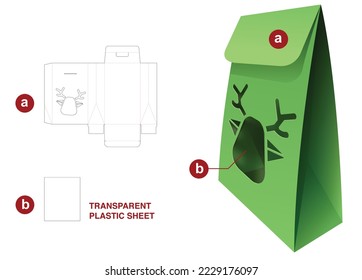 Bag packaging with reindeer window die cut template and 3D mockup