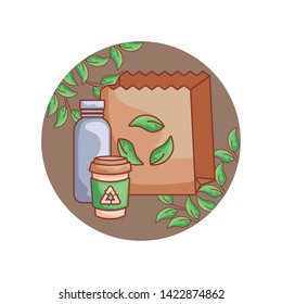bag paper and bottles ecologicals with leafs in frame
