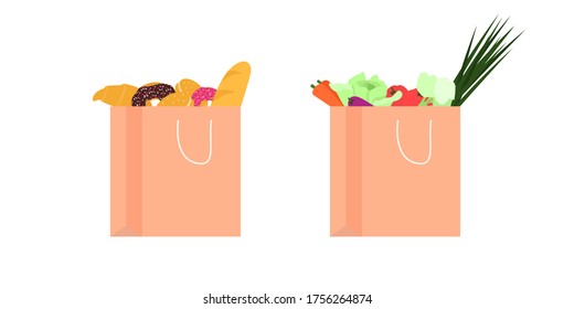 Bag paper grocery illustration, shopping package vector product collection, vegetables and bakery