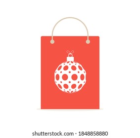 bag paper red for icon isolated on white. cardboard red handle bag for retail container with Christmas tree bauble