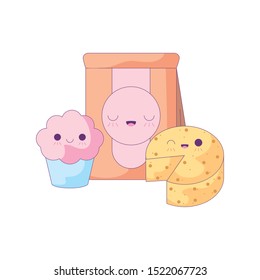bag paper with set food kawaii style vector illustration design