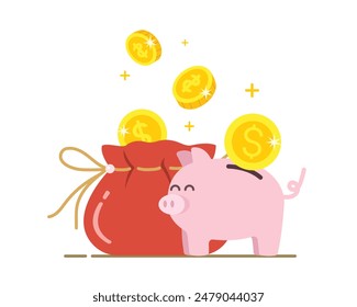 Bag and piggy bank with gold. Money bag with dollar coins. Income and bonus concept. piggy bank with coins concept.