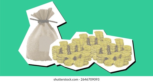 Bag and pile of gold coin dotted collage element in a torn paper vector, created with pointillism. A dynamic, artistic depiction for wealth, finance, treasure, or investment concepts with a rich