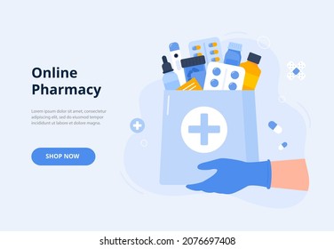 Bag with pills, prescription medicines, and antibiotics. Online pharmacy, delivery drugs, prescription medicines order. Vector flat illustration for banners, landing page.