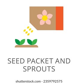 Bag of plant seeds and sprouts flat vector icon. Cartoon drawing or illustration of garden or farm symbol on white background. Gardening, agriculture or farming concept