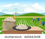 Bag and a plate of rice on a rice field background