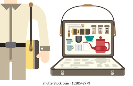 Bag for Portable drip coffee maker. icon set flat design cartoon concept. Enjoy fresh coffee no matter where you are with the Portable Drip Coffee Maker. manual coffee grinder and scales. Vector