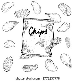 Bag of potato chips, hand drawn vector engraving style