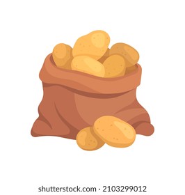 Bag of potatoes concept. Package with delicious vegetables. Healthy food or diet. Agriculture or harvesting. Design element for sticker. Cartoon flat vector illustration isolated on white background
