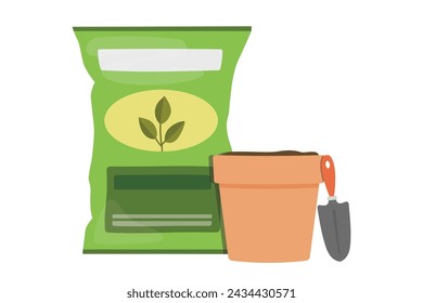 Bag of potting mix or garden soil with terracotta pot and hand trowel. Gardening and planting supplies and tools, flat vector graphic illustration.