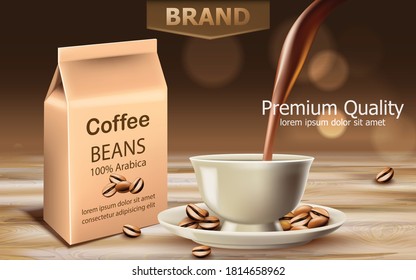 Bag with premium quality arabica coffee beans with a cup near with liquid pouring from top. Place for text. 3D mockup product placement. Vector