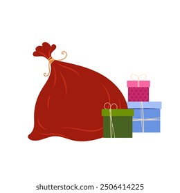 A bag of presents. Red Santa sack with presents.  Santa Claus gift, bag with presents, waving and greeting. Flat style illustration for postcards, background, banner.