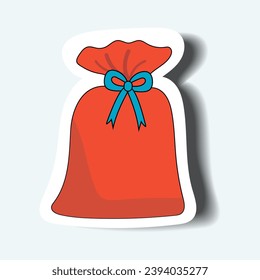 A bag with presents of the sticker set. Demonstration of the holiday cheer with this colorful sticker featuring a festive Christmas bag filled with gifts. Vector illustration.