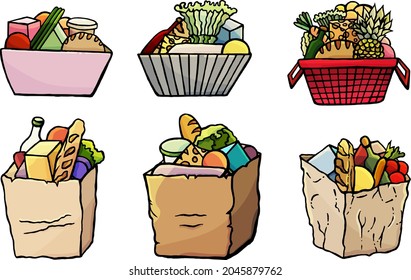 Bag with products, white background, isolated, cartoon style, shop, eat, meal, gastronomy, contour, buy, fruits, bread, cabbage, purchases, store, market, trade, food, simple, packet, pack, natural