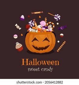 A bag of pumpkin, a bucket of sweets. Sweet Halloween with different sweets, lollipops, chocolate. Halloween themed background. Vector illustration