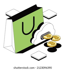 Bag purchase, bitcoin coins, cloud server. Vector 3d sketch line isometric style, color icon illustration. Creative design idea and infographics elements.