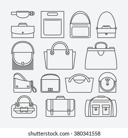 Bag and purse black thin line icons on white background. Vector illustration