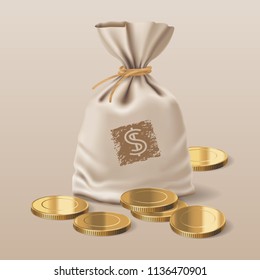 Bag With Realistic Golden Coins Vector Illustration. Design Element, Clipart With Sack Full Of Metal Money And A Stack Of Coins 