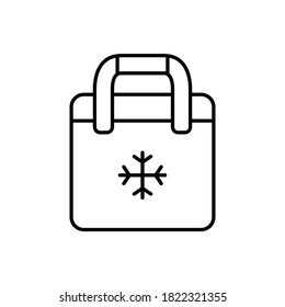 Bag refrigerator. Line art icon of picnic cooler bag. Black simple illustration of plastic or textile thermobox with snowflake. Contour isolated vector pictogram on white background