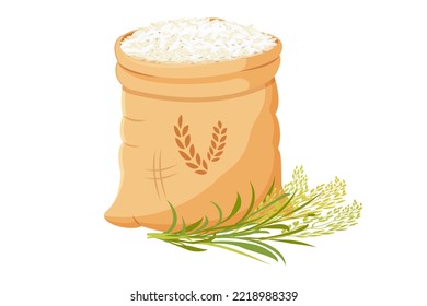 Bolsa de arroz con ramas de orejas. Ilustración vectorial de la cosecha de granos con tallos vegetales. Almacenamiento Basmati.