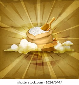 Bag of rice, old style vector background