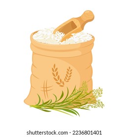 Bag of rice with spatula. Grain harvest in open package. Vector illustration of basmati packaging design element.