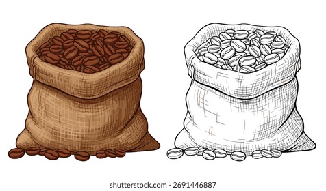 Bag of roasted coffee beans in a burlap sack and outline sketch.
