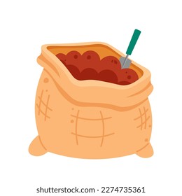 Bag Or Sack Of Compost, Ground, Soil With Small Shovel For Gardening. Flat Style Vector Illustration