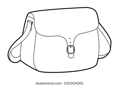 Bag Saddle silhouette crossbody. Fashion accessory technical illustration. Vector satchel front 3-4 view for Men, women, unisex style, flat handbag CAD mockup sketch outline isolated