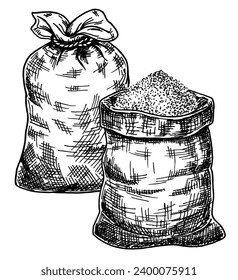 Bag with salt, sugar, flour, cereals. A full canvas bag with flour or grain. A full canvas bag tied with a rope at the top and open bag. Sketch. Hand drawn sketch vector illustration on white