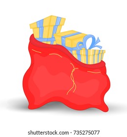 bag Santa Claus is filled with bright gifts with bows for kids. illustration of Christmas red bag. new year collection. isolated on white background.