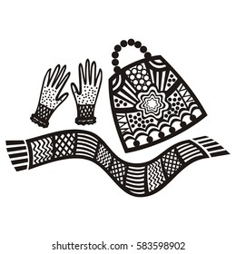 Bag, scarf, gloves. Vector illustration.