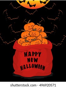 Bag scary pumpkins for Halloween. Full sack of vegetables for terrible holiday. Poster and flyer
