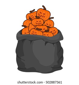 Bag scary pumpkins for Halloween. Full sack of vegetables for terrible holiday. Poster and flyer
