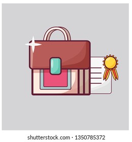 Bag, school bag with diploma and award. Сartoon flat style rerto in vector illustration.
