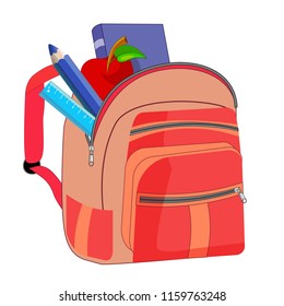 Bag school flat isolated on white background. Pink backpack with zipper icon cartoon