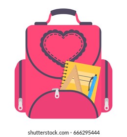 Bag school flat isolated on white background. Pink backpack with school supplies icon cartoon 