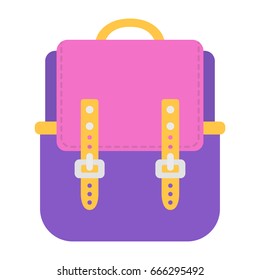 Bag school flat isolated on white background. Purple backpack with clasp icon cartoon 