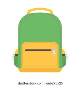 Bag school flat isolated on white background. Green backpack with zipper icon cartoon 