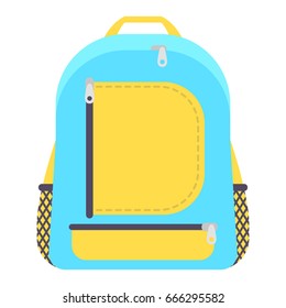 Bag school flat isolated on white background. Blue and yellow backpack with zipper icon cartoon 
