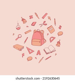 Bag with school supplies vector doodle illustration. Stationery set