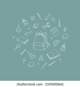 Bag with school supplies vector doodle illustration. Stationery set