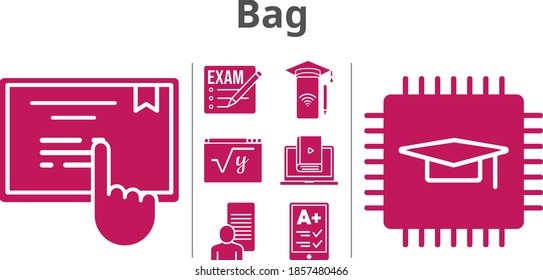 conjunto de bolsos. incluye exámenes, estudios, lectura, chip, smartphone, aprender, matemáticas, iconos de pantalla táctil. estilos rellenos.