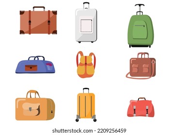  A bag set isolated on white background.Luggage tourists fashioned colored objects bags.travellers,vector,travel,suitcases,business cases,travel luggage,vector for luggage and travel.