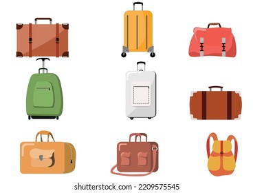  Un juego de bolsos aislado en el fondo blanco. Los turistas portaequipajes diseñaron bolsas de objetos coloreados. viajeros, vectores, viajes, maletas, estuches, maletas de viaje, vectores para el equipaje y el viaje.