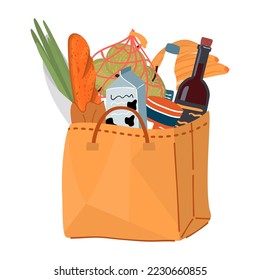 Bag with a set of products isolated on white background.Baguette, dairy products, apples in a grid, bottles, bananas, green onions.Retail super market goods.Vector cartoon flat style illustration.