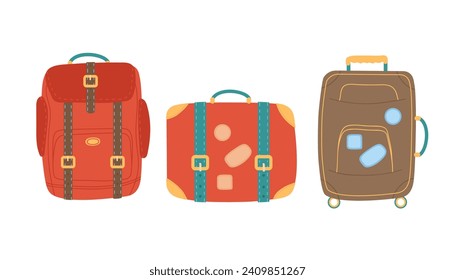 Bag set. Various large travel bags. Knapsack and suitcases. Camping and hiking rucksack. Journey and adventure baggage. Travelers luggage. Flat vector illustration of traveler's luggage in old style.