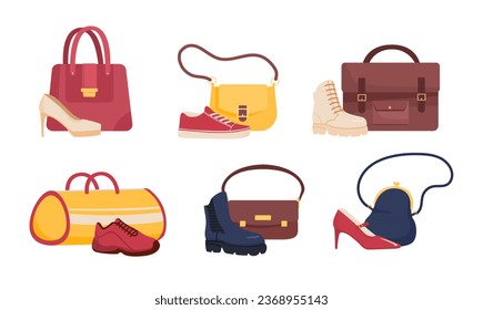 Bag and shoes set. Fashion, trend and style. Trendy shoes and sneakers. Accessory and element of clothing. Aesthetics and elegance. Cartoon flat vector collection isolated on white background